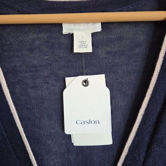 Caslon Linen Blend Button Up V-Neck Cardigan Navy Size Large Nautical Preppy NEW - Picture 2 of 10
